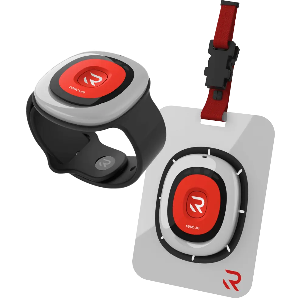 Two sleek red and grey wearable panic buttons with watch and lanyard accessories.