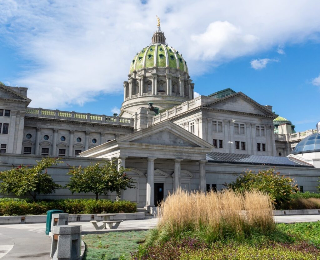 Pennsylvania State Capitol building in Harrisburg representing state school safety legislation and Alyssa's Law compliance requirements